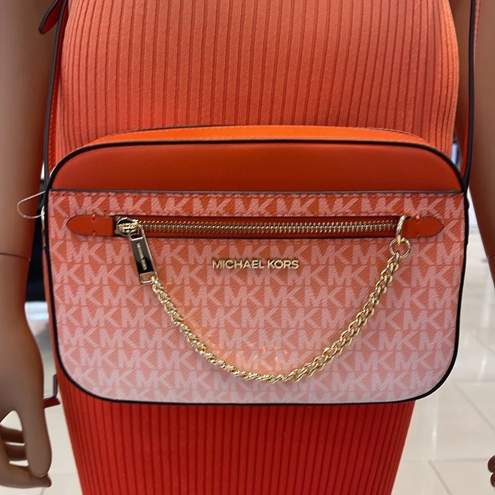 Michael Kors Jet Set Lg East West Ombré Signature Logo Crossbody Bag Red Clay